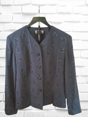 Elegant Vintage Grey Silk Embroidered Jacket Sz14